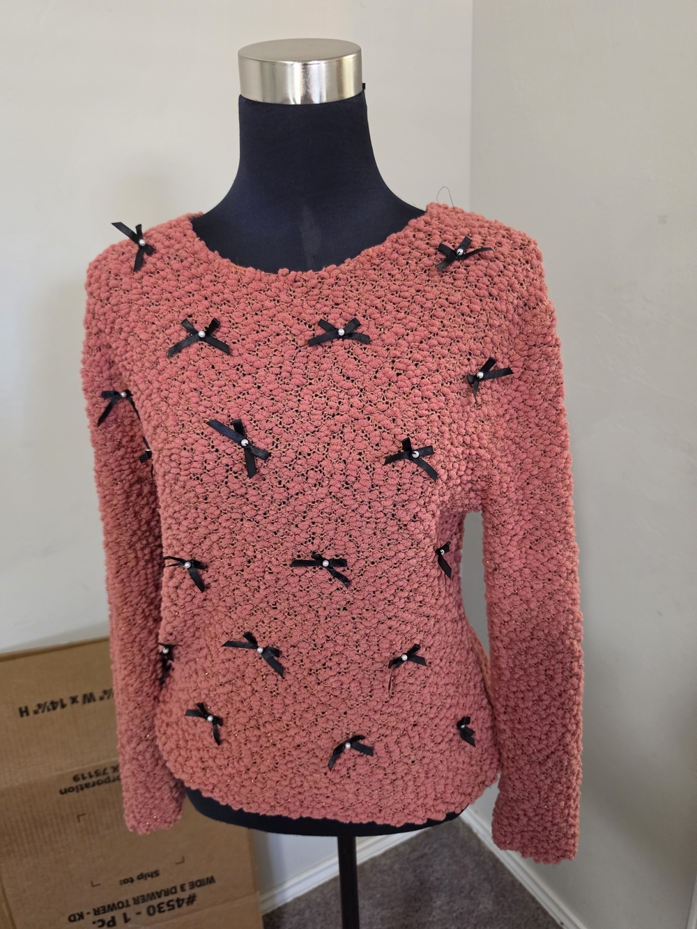 LC Lauren Conrad Pink Bouclé Crewneck Sweater with Black Bow Accents